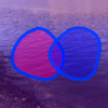 Rainbow Squared, Year 5, Piece Twenty-Two: 40. Purple Blue. A looping animation with a background of a lake lapping on a shore back and forth with a purple transparency overlaid. On top of that is a digitally hand drawn Venn diagram with blue outlines and the left half magenta, the right half blue, and the middle purple, using the colors of the bisexual pride flag. The circles are twisting slowly.