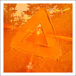 Rainbow Squared Series Six 09. Orange Orange A photo of trees at sunset is overlaid with an orange transparency layer. There is an orange triangle in paint on top it, with slight transparencies so the rays of the sun in the center of the triangle can shoot off to the side. In the background you can see a Magikarp Pokemon which is a goldfish and a Moultres wich is a Phoenix