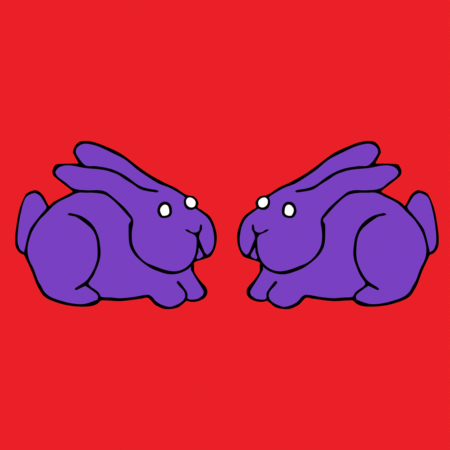 Animated loop of purple bunnies on a red background multiplying like the Fibonacci Rabbit Sequence