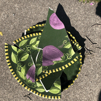An animated photo loop of a large broken ceramic bowl that is green with hand-painted purple eggplants sitting on a sidewalk. A shadow of a helmet and a scooter passing over it.
