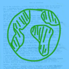 Rainbow Squared Year 5, Piece Forty-One: 32. Blue Green. A blue square with a green line drawing of a circle with continent-shaped clobs spinning around while the text of a type-written document titled The Debt of Privilege scrolls in the background. The text is the document from a debt visualization guided and transcribed by artist Cassie Thornton.